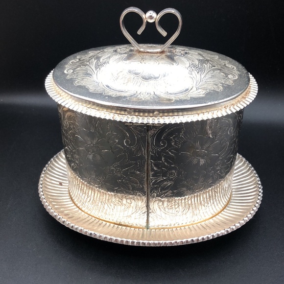 VINTAGE MAYELL SILVER PLATE BISCUIT BARREL ETCHED FLORAL, ATTACHED UNDERPLATE - Picture 4 of 10